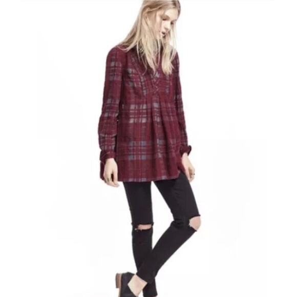 Free People Baby Blues Plaid Tunic Top Small Flannel Burgundy Pockets - Picture 16 of 16